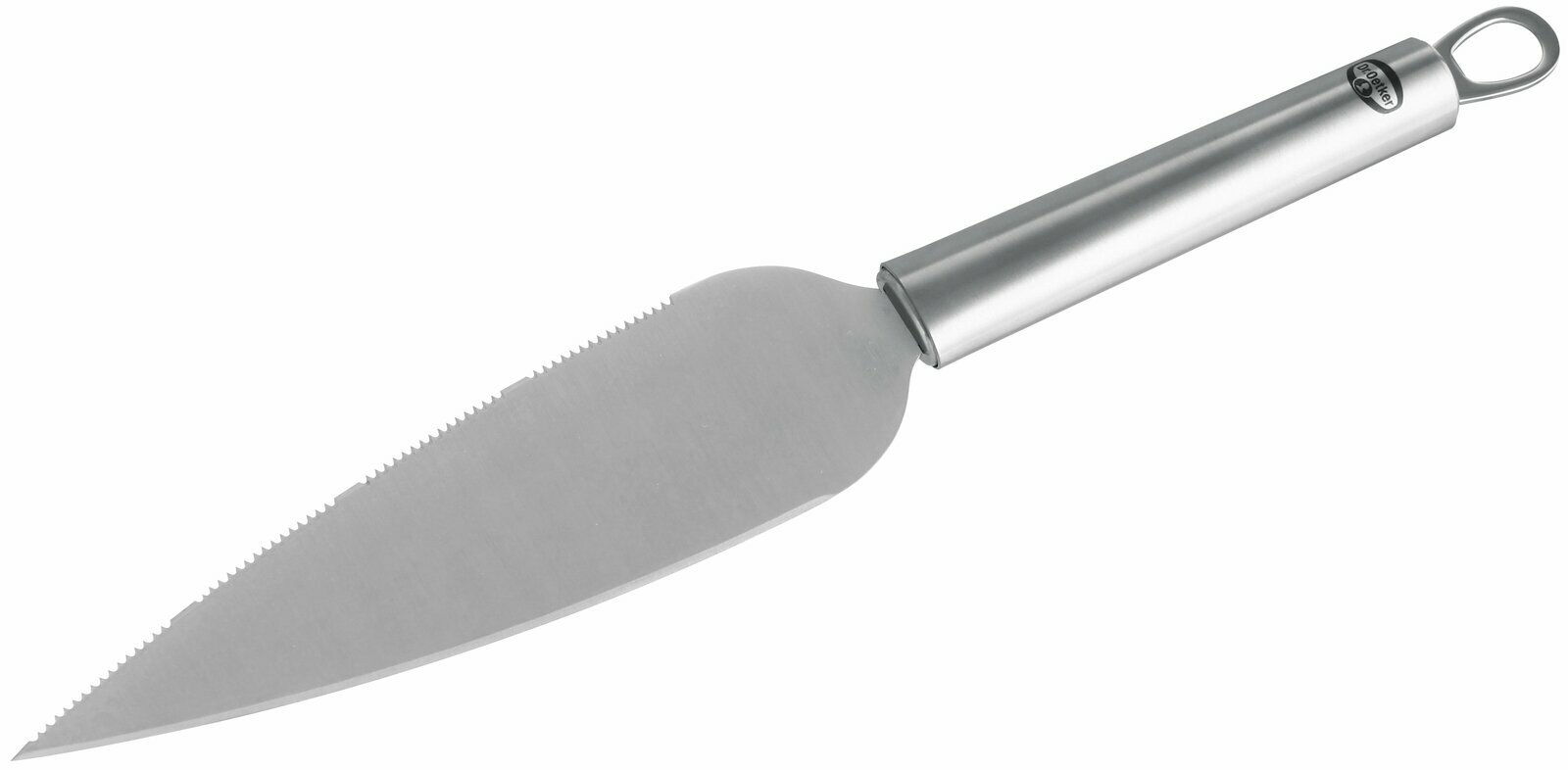 Tortenmesser aus Edelstahl mit gezackter Klinge und ergonomischem Griff, seitliche Perspektive