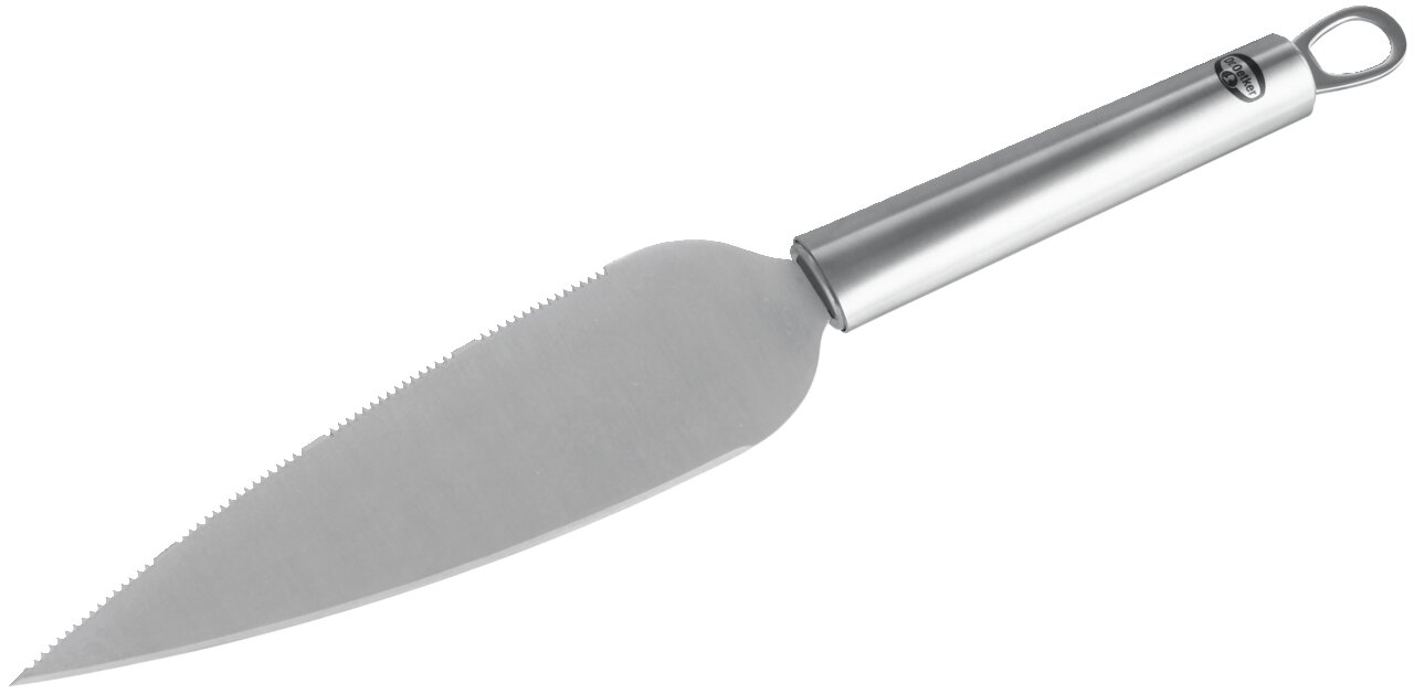 Tortenmesser aus Edelstahl mit gezackter Klinge und ergonomischem Griff, seitliche Perspektive