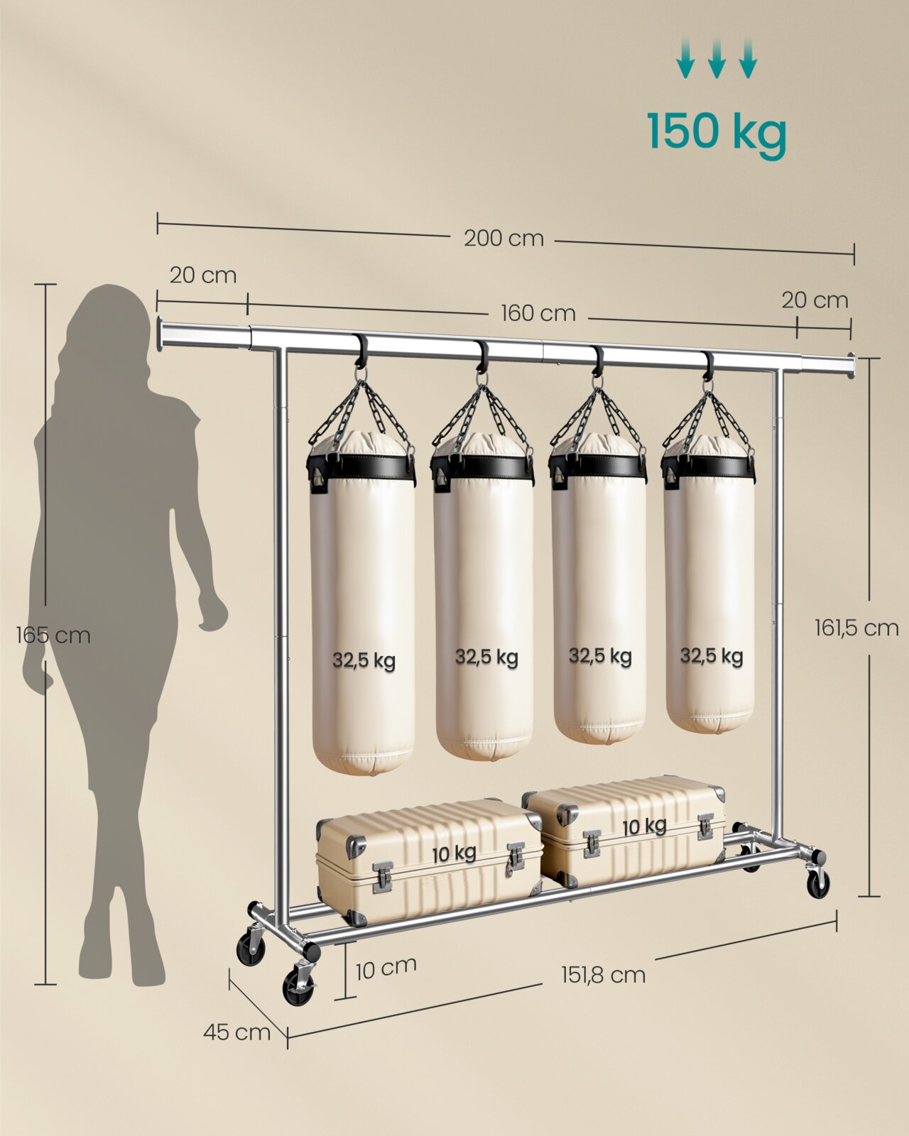 Mobile, silberne Kleiderstange/Lastenstange auf Rollen mit vier hängenden Sandsäcken (je 32,5 kg) und zwei Koffern (je 10 kg) auf der unteren Strebe; Maßgrafik mit 200 cm Breite, ca. 161,5 cm Höhe, 45 cm Tiefe und 150 kg Gesamtlast, Ansicht schräg von vor