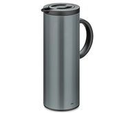 Graue Isolierkanne mit schwarzem Griff und Deckel, seitliche Perspektive