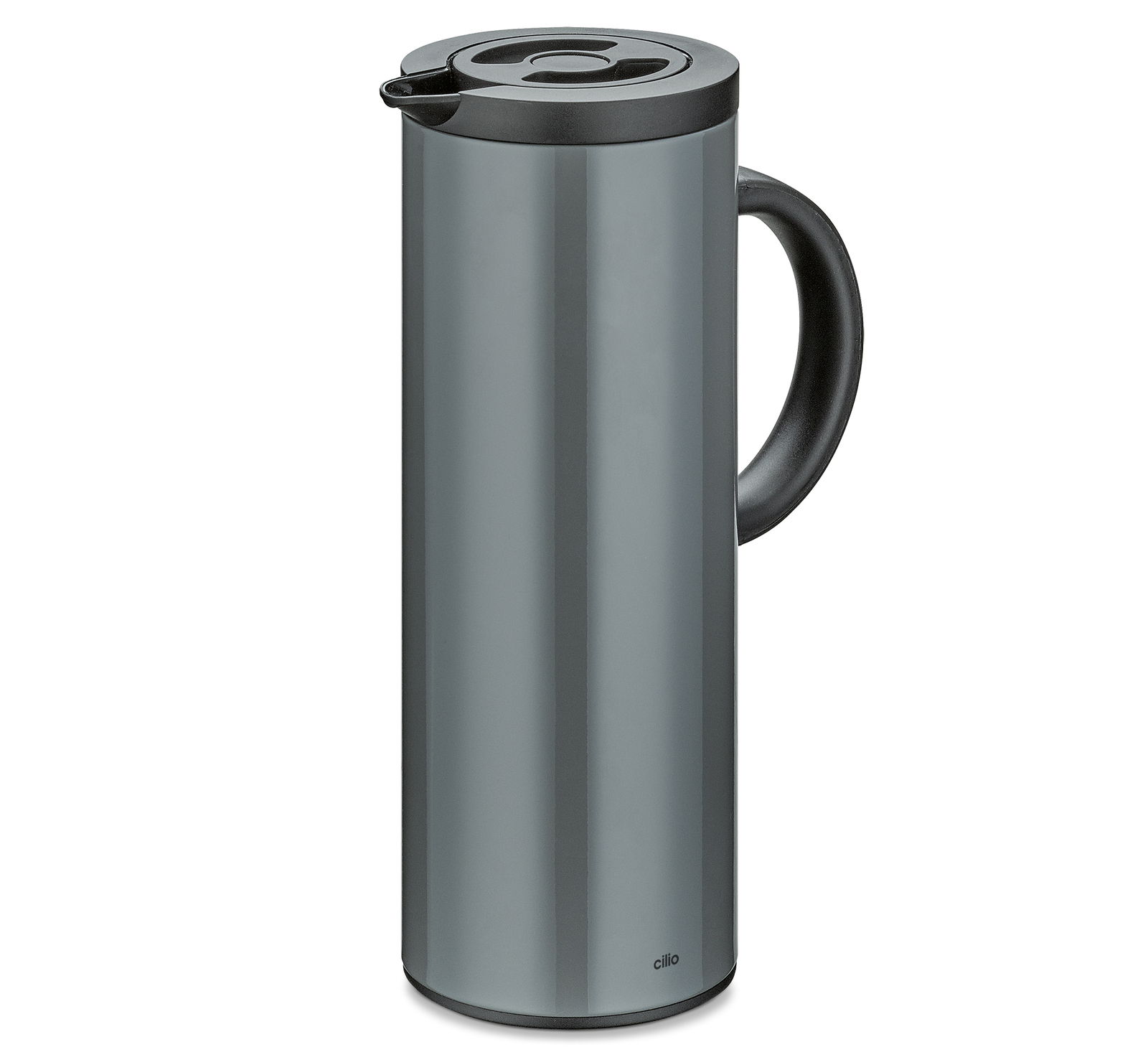 Graue Isolierkanne mit schwarzem Griff und Deckel, seitliche Perspektive
