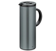 Graue Isolierkanne mit schwarzem Griff und Deckel, seitliche Perspektive