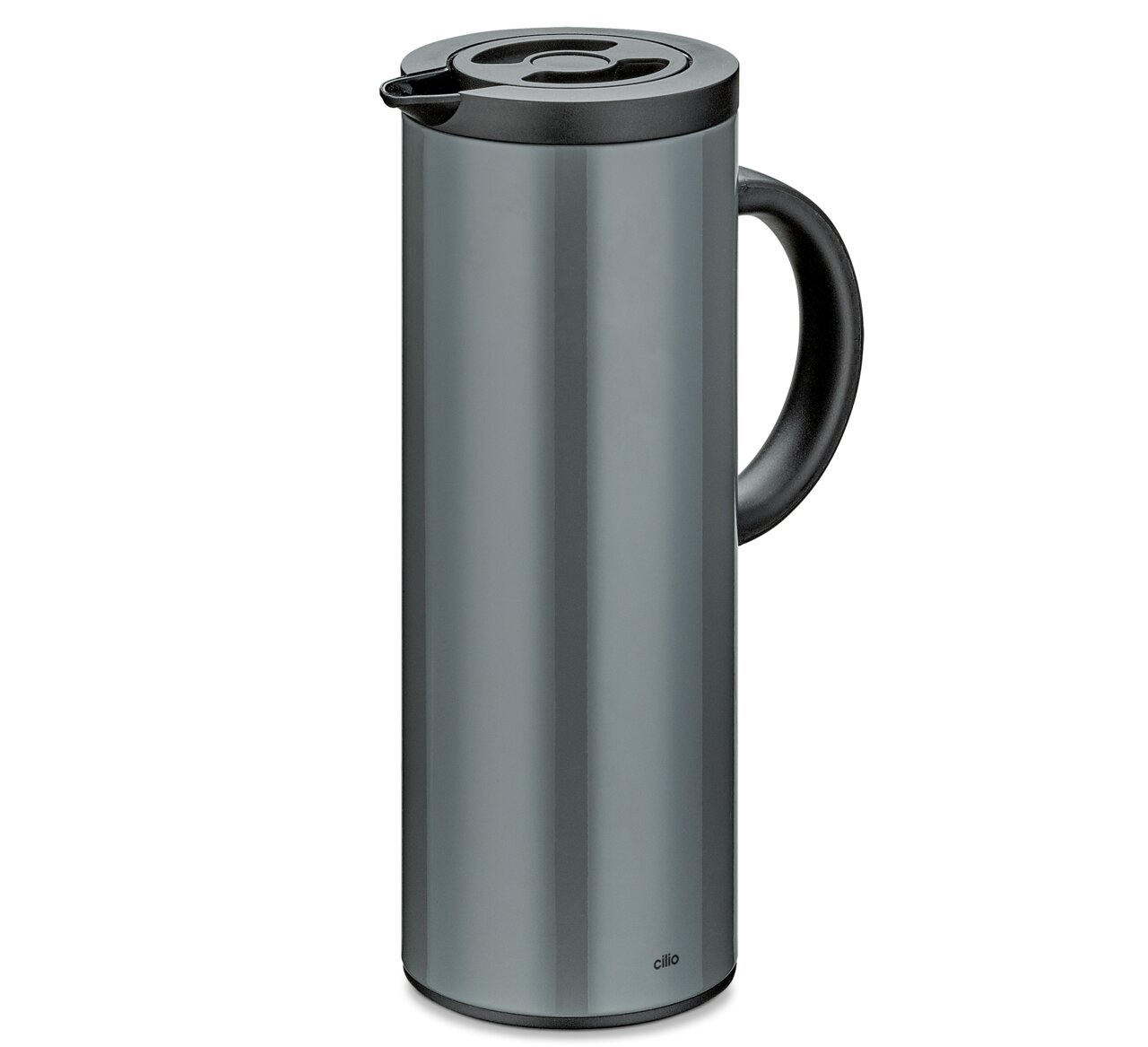 Graue Isolierkanne mit schwarzem Griff und Deckel, seitliche Perspektive