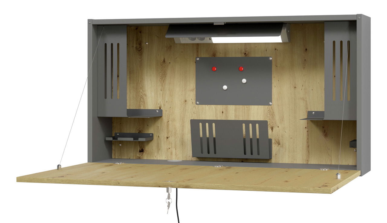 Wandschreibtisch mit heruntergeklappter Arbeitsfläche, Holzoptik und grauen Metallakzenten, frontale Perspektive