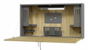 Wandbureau met neergeklapt werkblad, houtlook en grijze metalen accenten, vooraanzicht