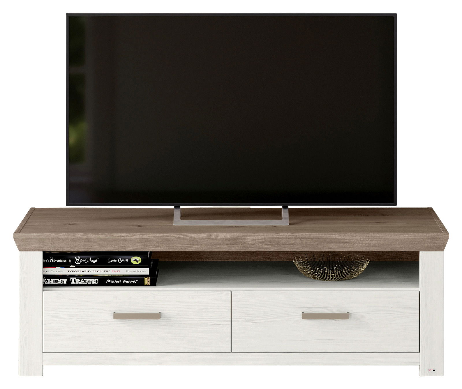 Lowboard mit Holzoberfläche, zwei Schubladen und einem Regalbrett, frontal fotografiert, mit einem Fernseher darauf.