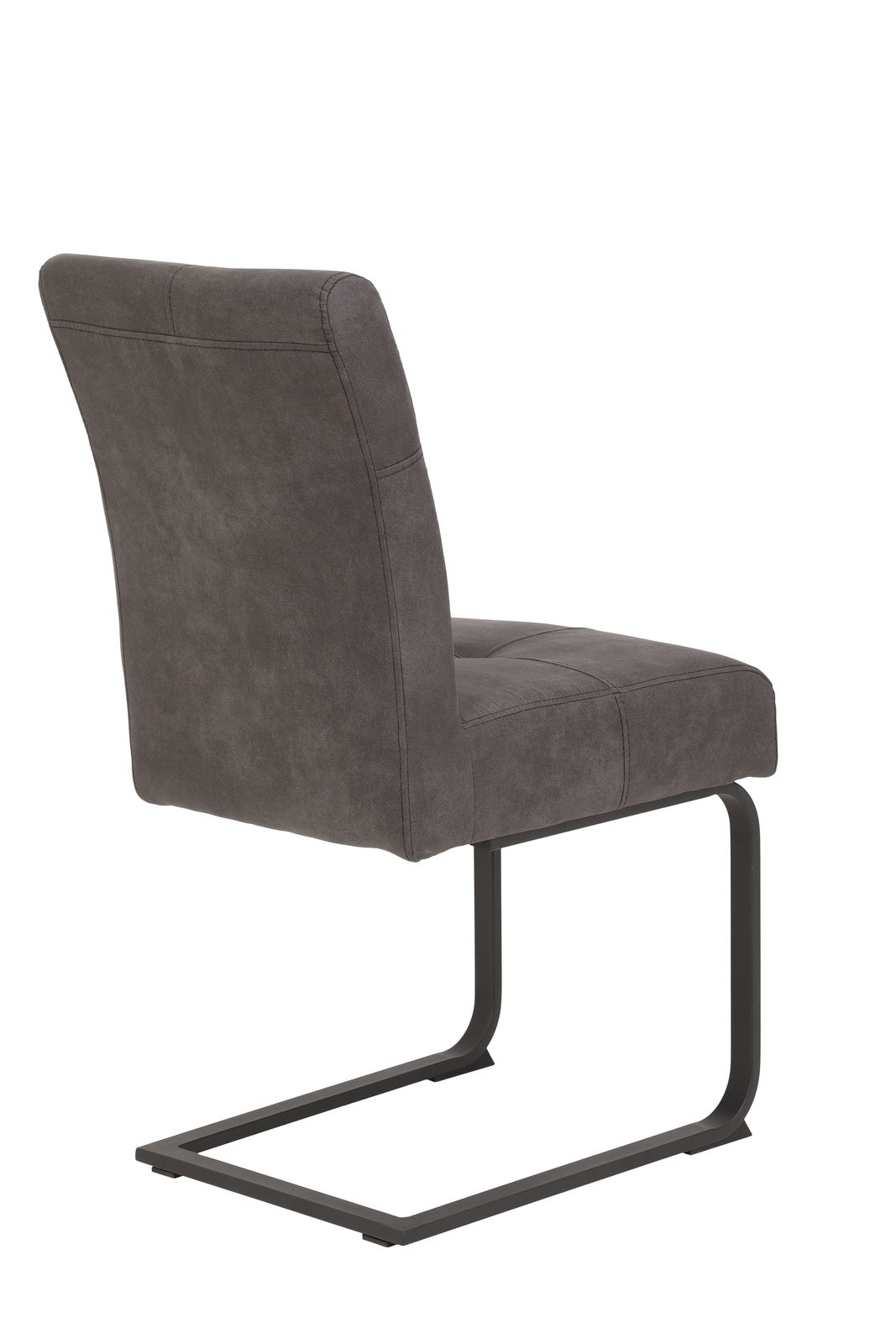 Rückansicht eines modernen Schwingstuhls mit grauem Polster und schwarzem Metallgestell.