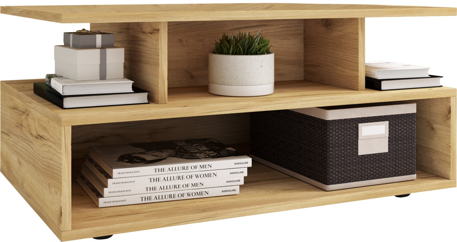 Modernes, niedriges Holzregal/TV-Board in Eichenoptik mit offenen Fächern, dekoriert mit Büchern, Geschenkboxen und Pflanze Ansicht schräg von vorn.