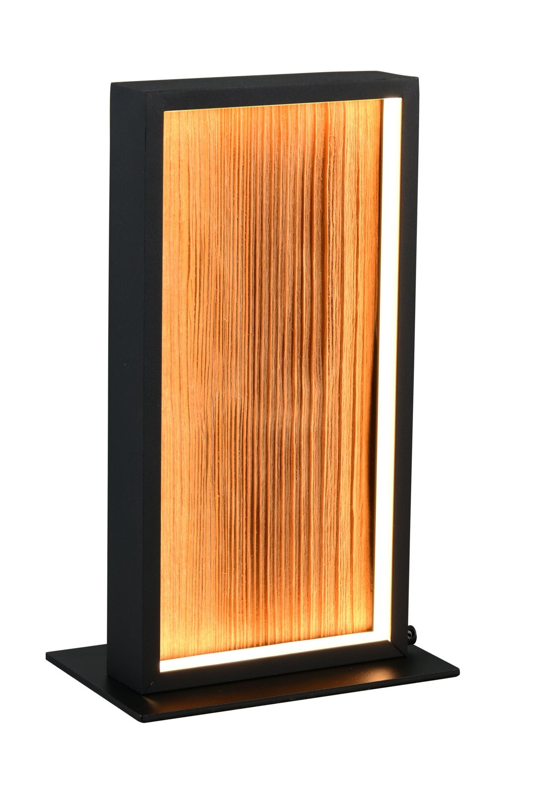 Moderne Tischleuchte mit rechteckigem Rahmen und warmem, strukturiertem Lichtpanel, seitliche Perspektive