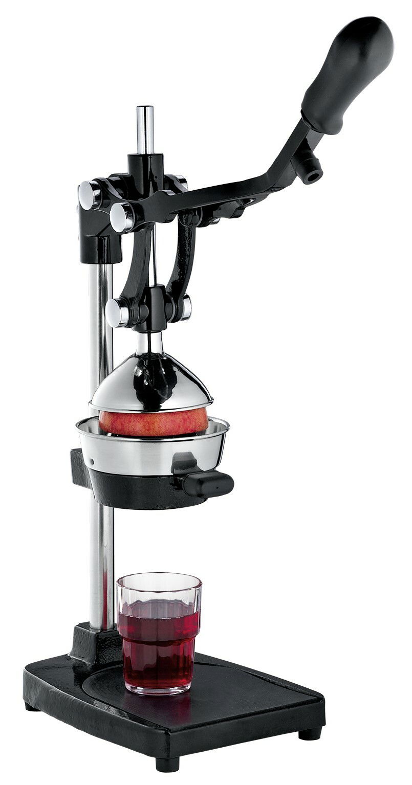 Profi-Granatapfelpresse LIVORN in seitlicher Perspektive mit einem Glas frisch gepressten Saft darunter.