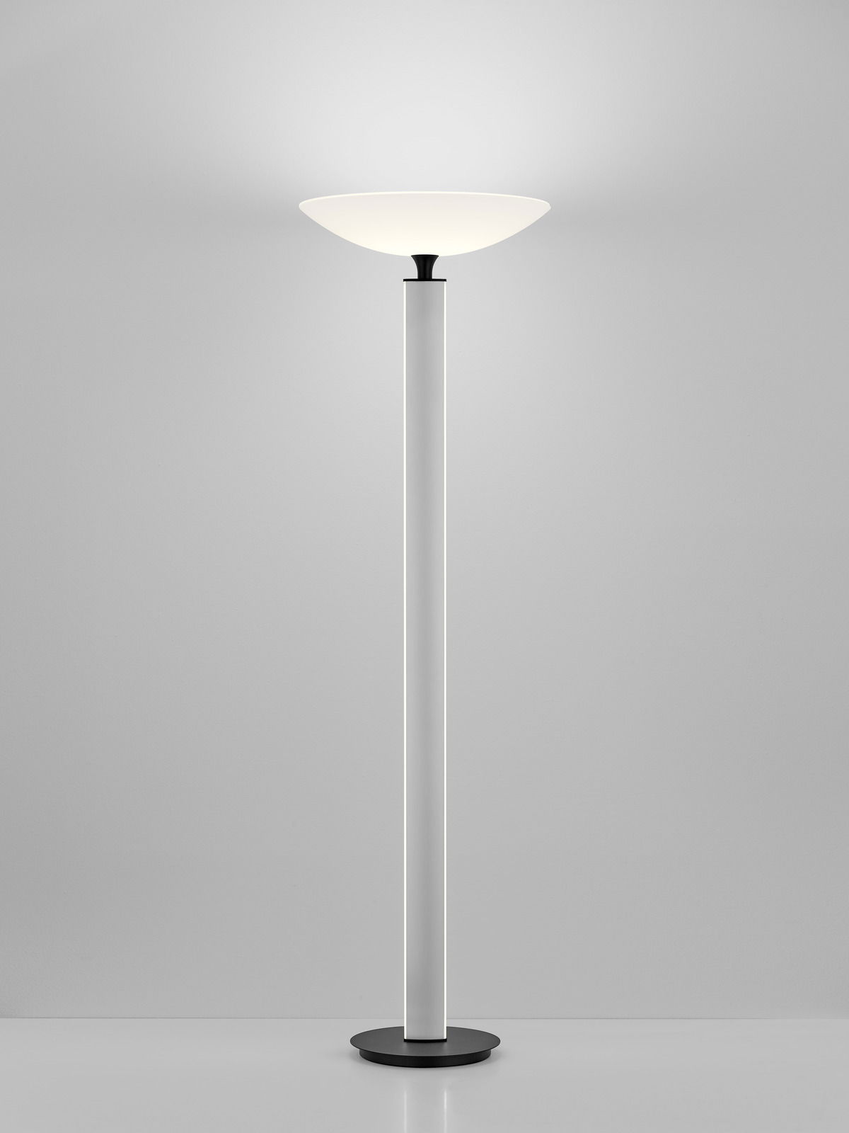 Moderne LED-Stehleuchte in minimalistischem Design, frontal abgebildet mit rundem Sockel und breitem, flachem Lampenschirm.