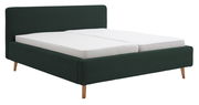 Polsterbett in dunklem Grün mit Holzfüßen, seitliche Perspektive
