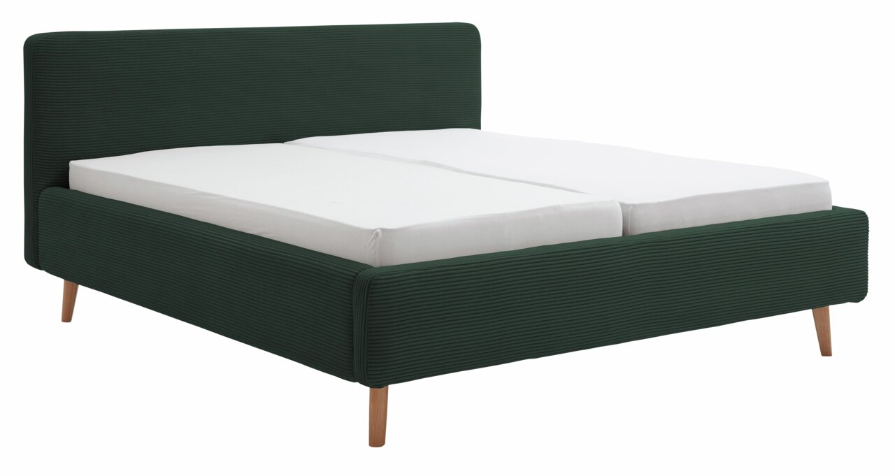 XORA Polsterbett MATTIS Polsterbett in dunklem Grün mit Holzfüßen, seitliche Perspektive