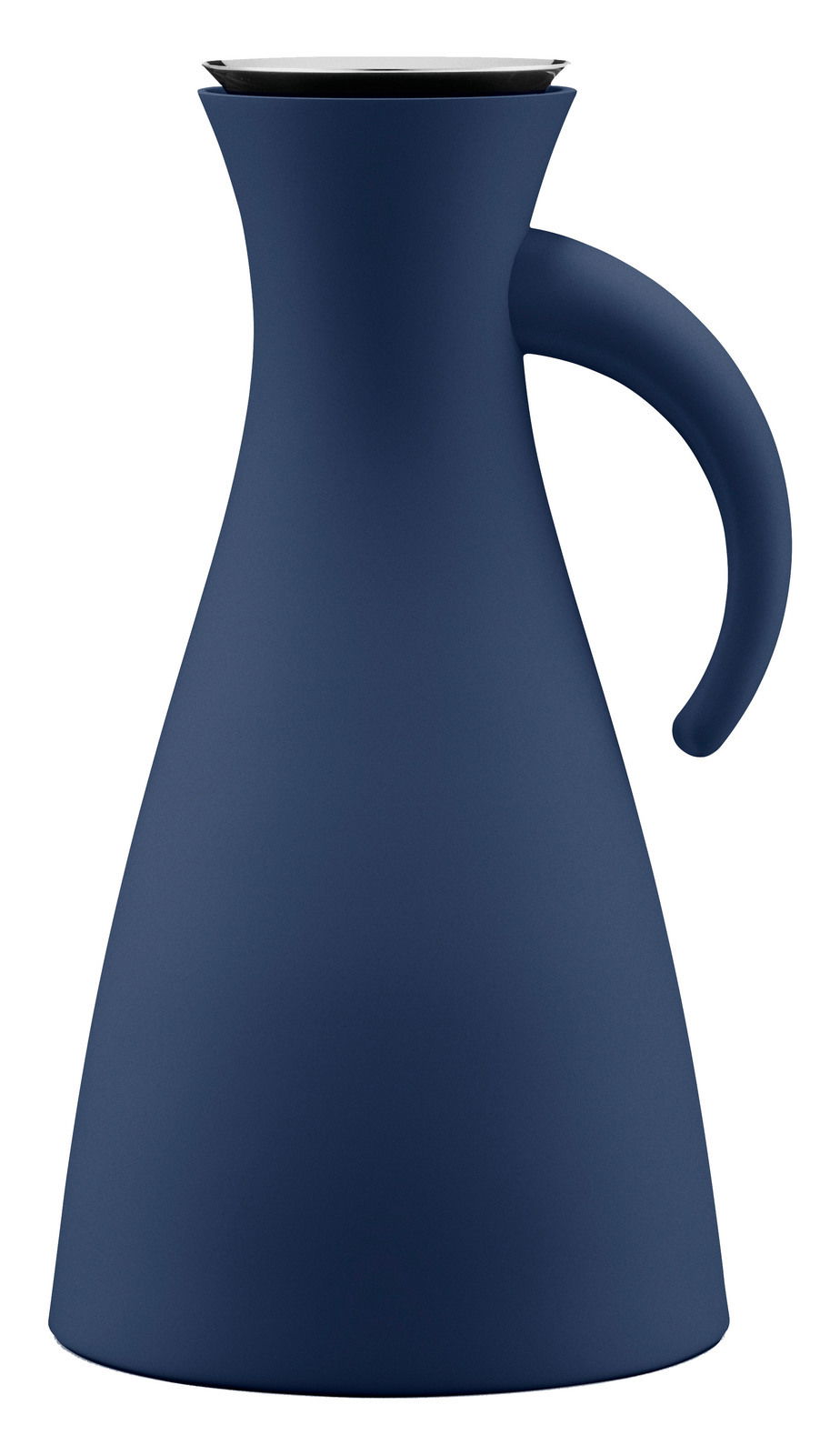 Eva Solo Thermoskan CLASSIC Isolierkanne 1,0 l in Navy Blue, seitliche Ansicht mit elegantem, geschwungenem Griff und modernem Design.