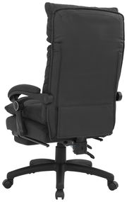 Rückansicht eines schwarzen Chefsessels mit gepolsterten Armlehnen und Rollen