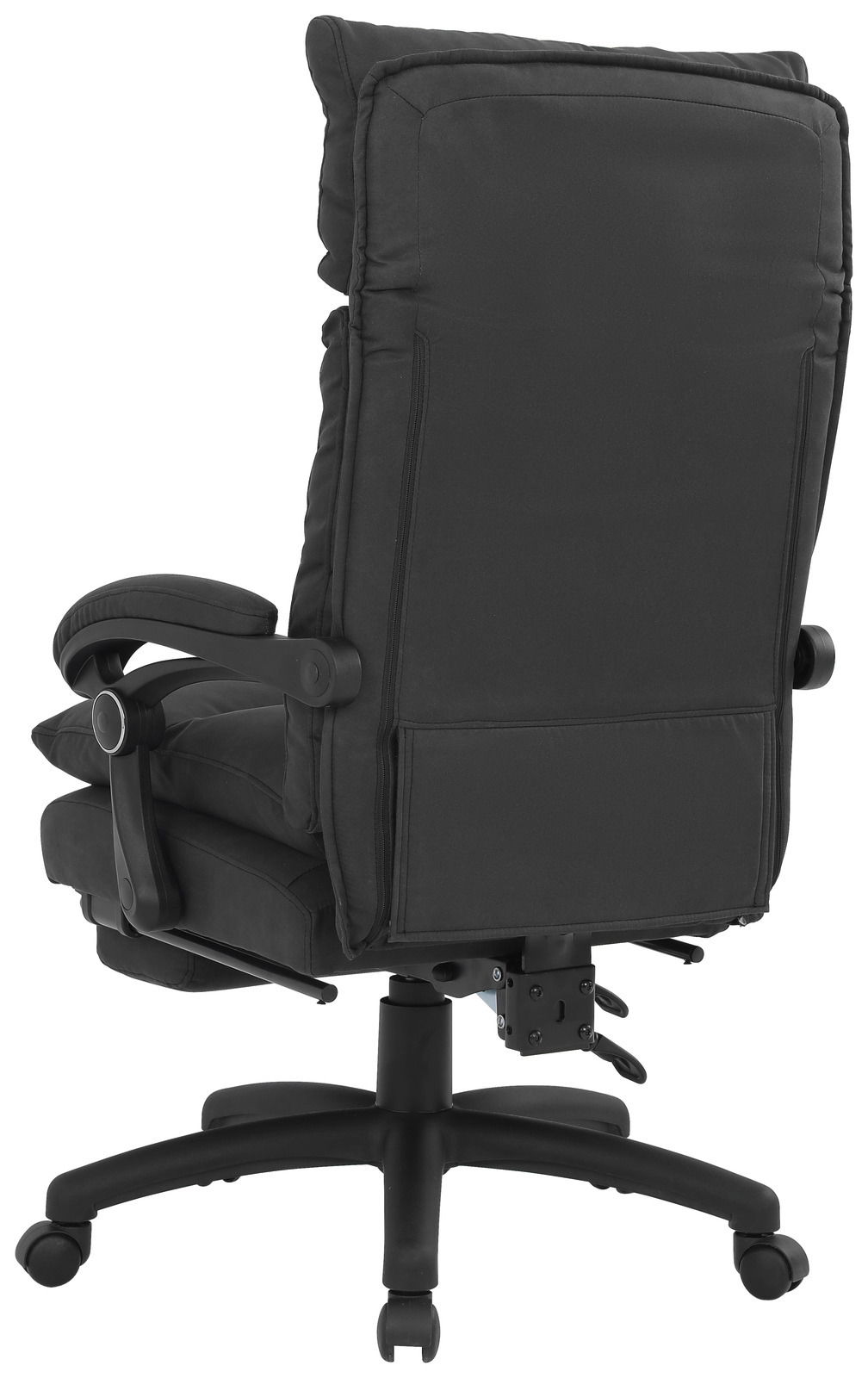Rückansicht eines schwarzen Chefsessels mit gepolsterten Armlehnen und Rollen