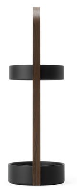 Moderner Schirmständer mit Holzgriff und schwarzem Metallrahmen, Seitenansicht.
