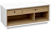 Moderner Büroschrank in Weiß mit zwei Schubladen und offenen Fächern, Perspektive von vorne