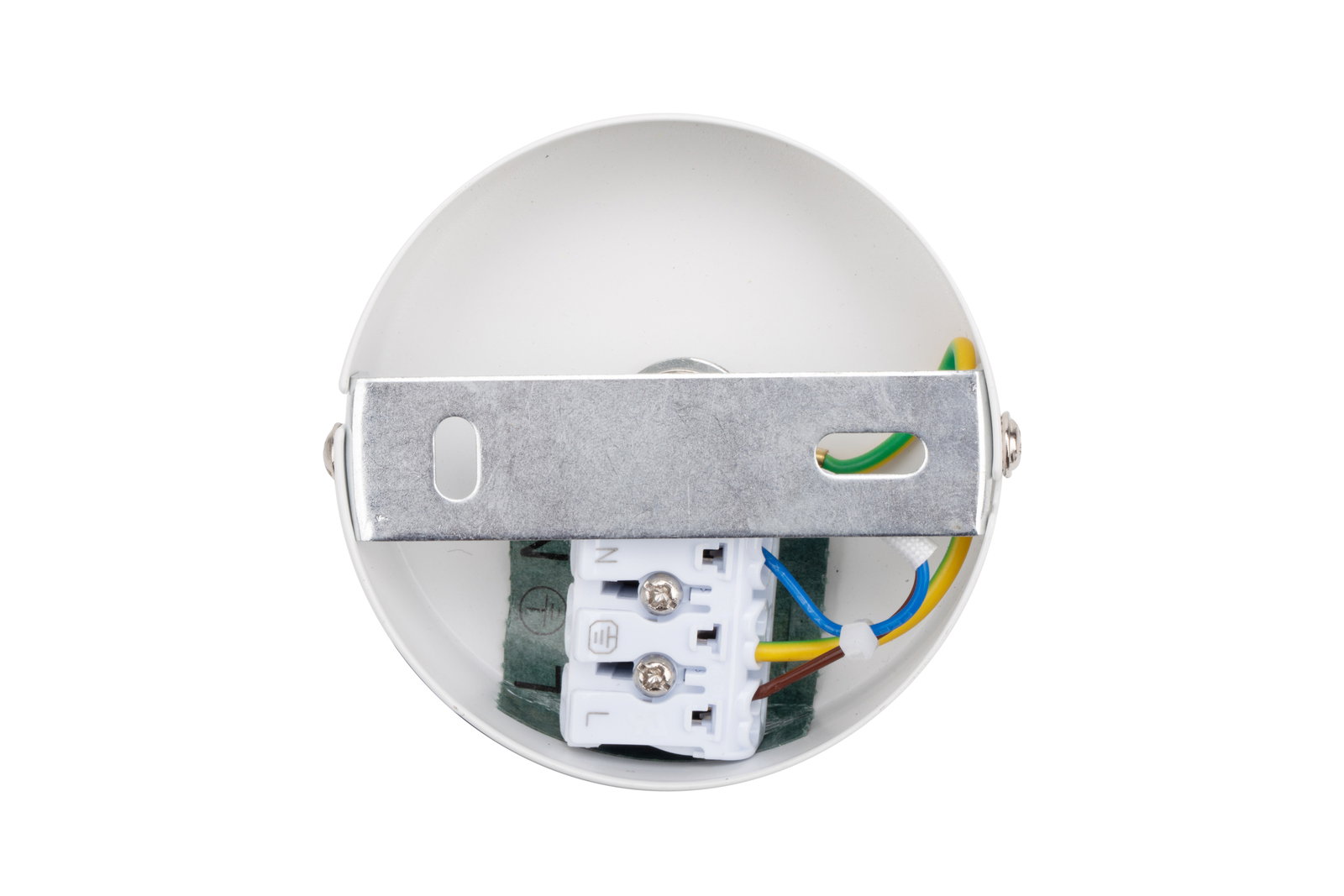 Rückansicht einer runden LED-Strahlerhalterung mit Kabelanschlüssen und Metallbefestigung.