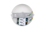 Rückansicht einer runden LED-Strahlerhalterung mit Kabelanschlüssen und Metallbefestigung.