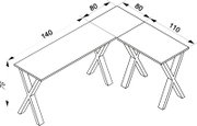 Technische Maßzeichnung eines L-förmigen Eckschreibtischs mit X-förmigen Gestellen, Maße 140/110 cm und 80 cm Tiefe, perspektivische Ansicht schräg von oben.