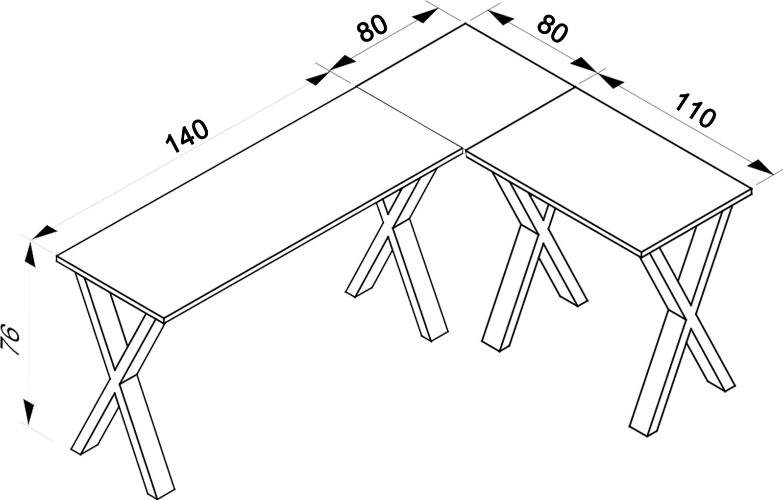Technische Maßzeichnung eines L-förmigen Eckschreibtischs mit X-förmigen Gestellen, Maße 140/110 cm und 80 cm Tiefe, perspektivische Ansicht schräg von oben.