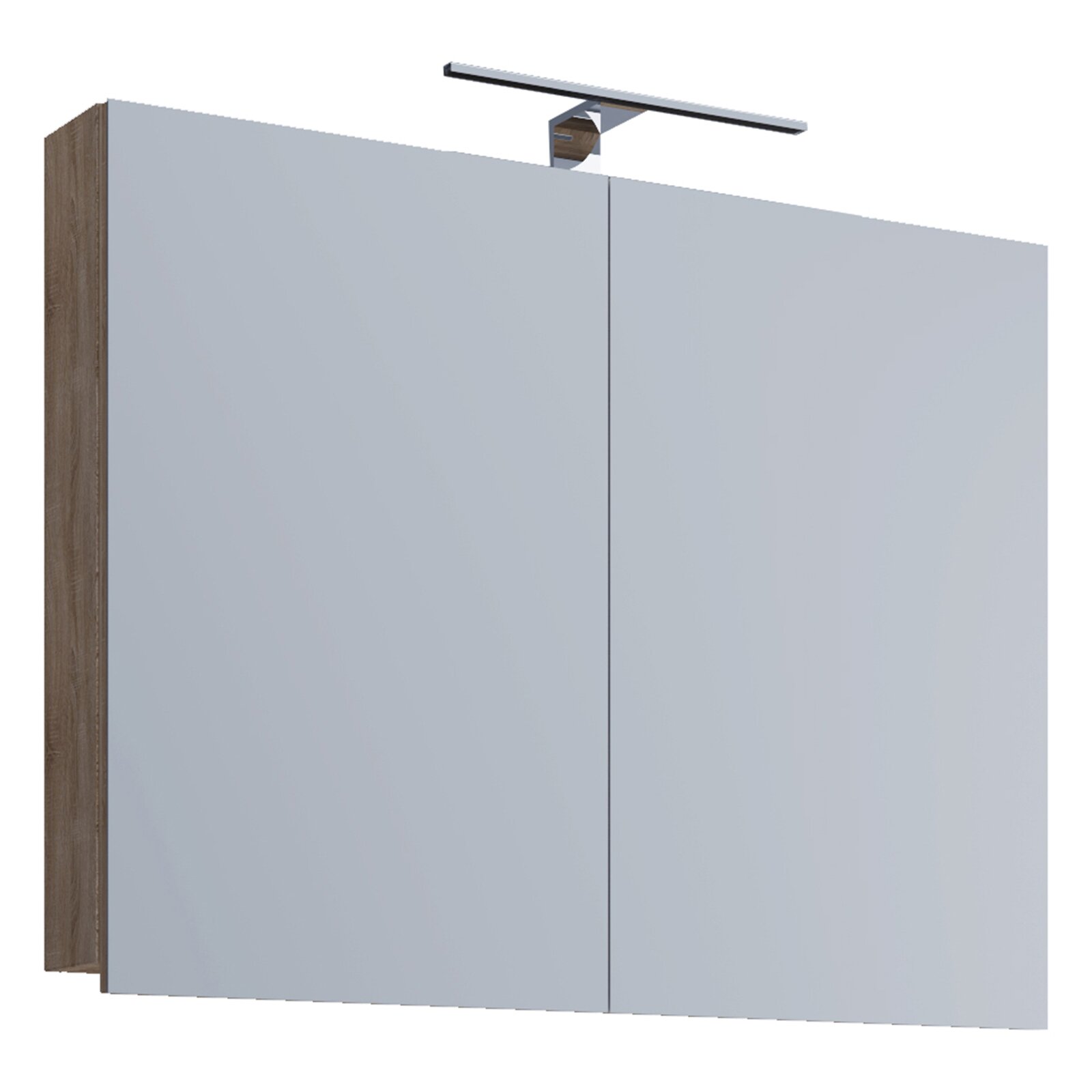 Moderner Bad-Spiegelschrank mit zwei spiegelnden Türen, Holzseiten und integrierter LED-Aufsatzleuchte, frontale Ansicht mit leichtem Blick von links