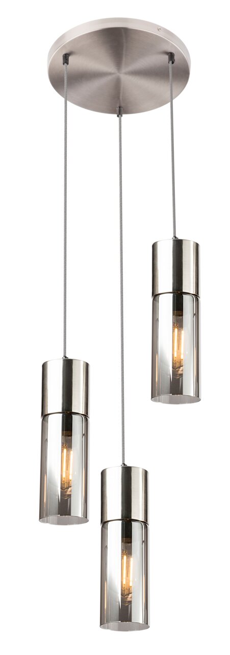 Moderne Hängeleuchte mit drei zylindrischen Lampenschirmen aus Metall und Glas, von unten betrachtet.