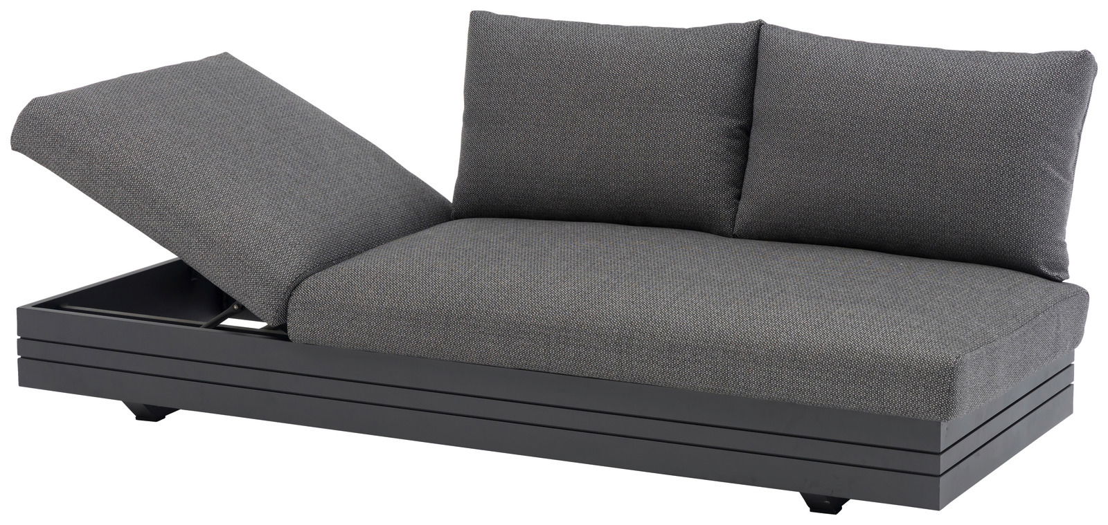 Graues 3-Sitzer Loungeelement mit verstellbarer Rückenlehne, seitliche Perspektive