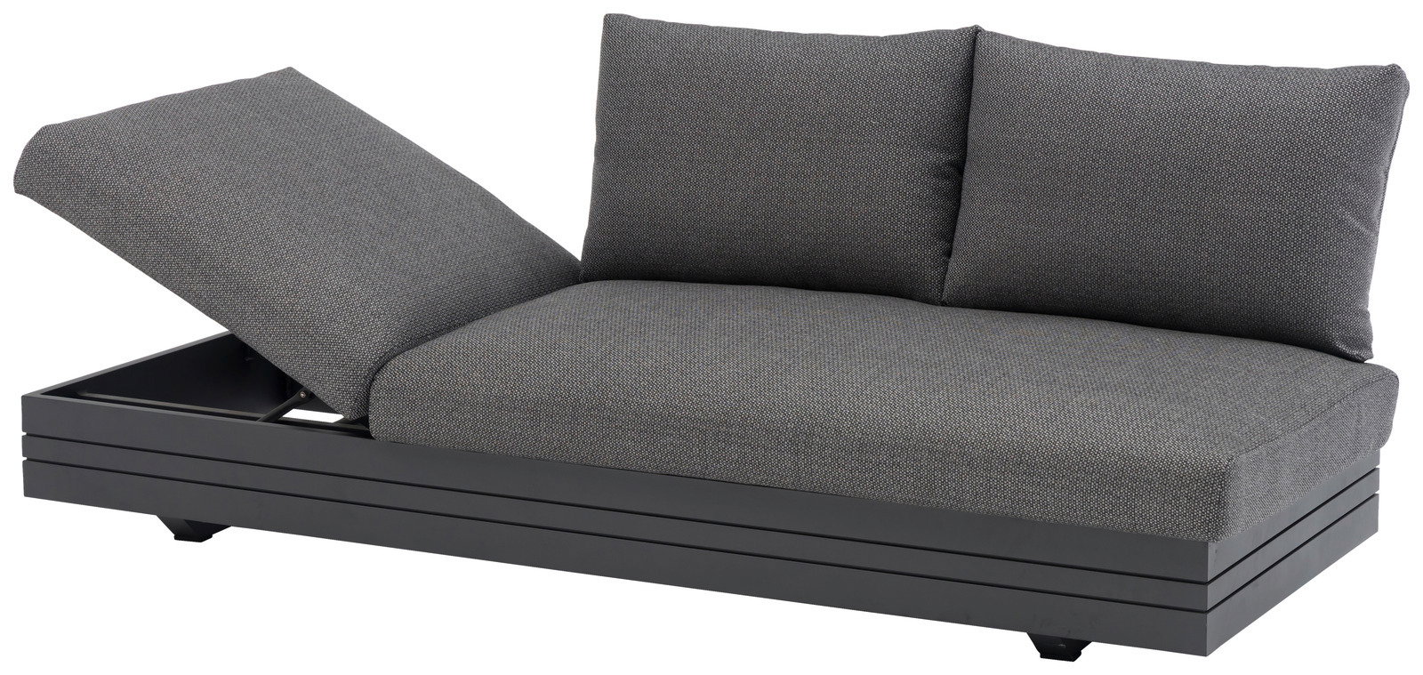 Graues 3-Sitzer Loungeelement mit verstellbarer Rückenlehne, seitliche Perspektive
