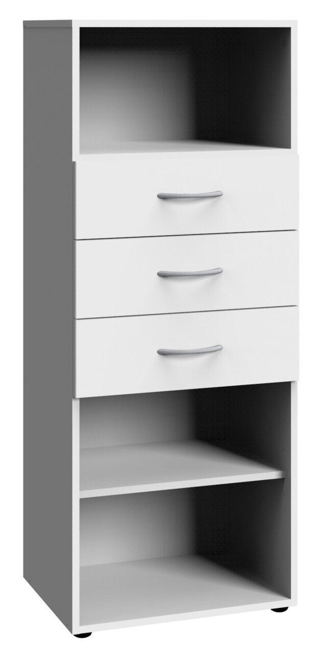 Weißes Regal mit drei Schubladen und zwei offenen Fächern, Frontalansicht