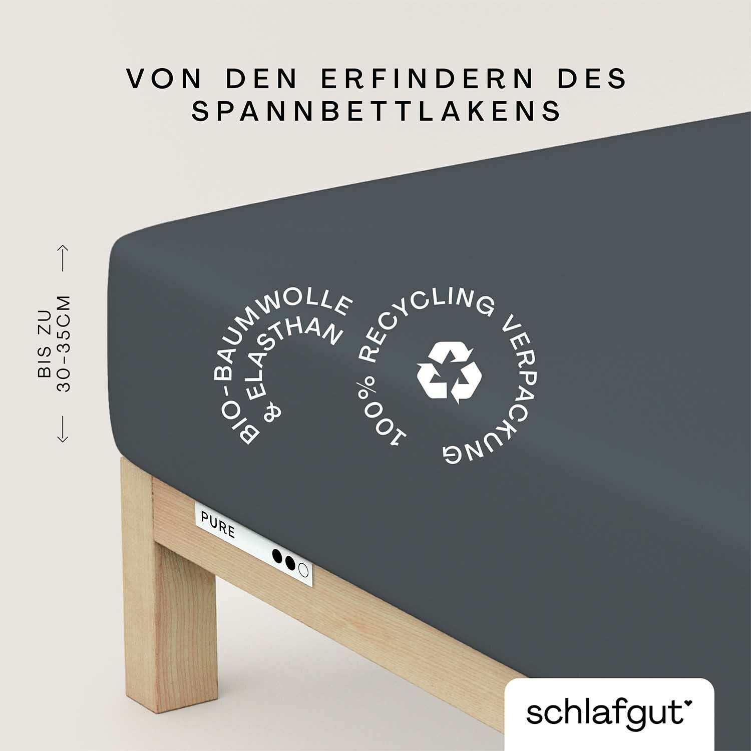 Spannbettlaken aus Bio-Baumwolle und Elasthan in dunkler Farbe, auf einem Bett mit Holzrahmen. Verpackung aus 100% Recyclingmaterial. Perspektive von der Seite.