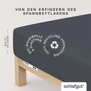 Spannbettlaken aus Bio-Baumwolle und Elasthan in dunkler Farbe, auf einem Bett mit Holzrahmen. Verpackung aus 100% Recyclingmaterial. Perspektive von der Seite.