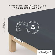 Spannbettlaken aus Bio-Baumwolle und Elasthan in dunkler Farbe, auf einem Bett mit Holzrahmen. Verpackung aus 100% Recyclingmaterial. Perspektive von der Seite.
