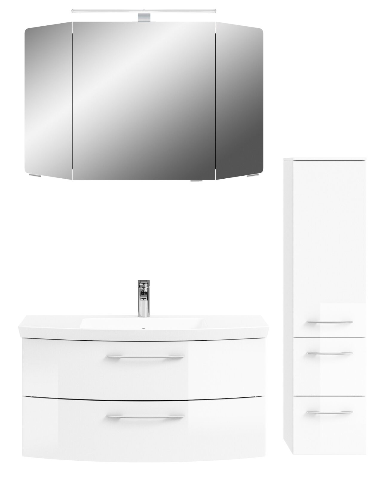 Moderne Badkombination mit Spiegelschrank, Waschbeckenunterschrank und Hochschrank in weißer Hochglanzoptik, frontal betrachtet.