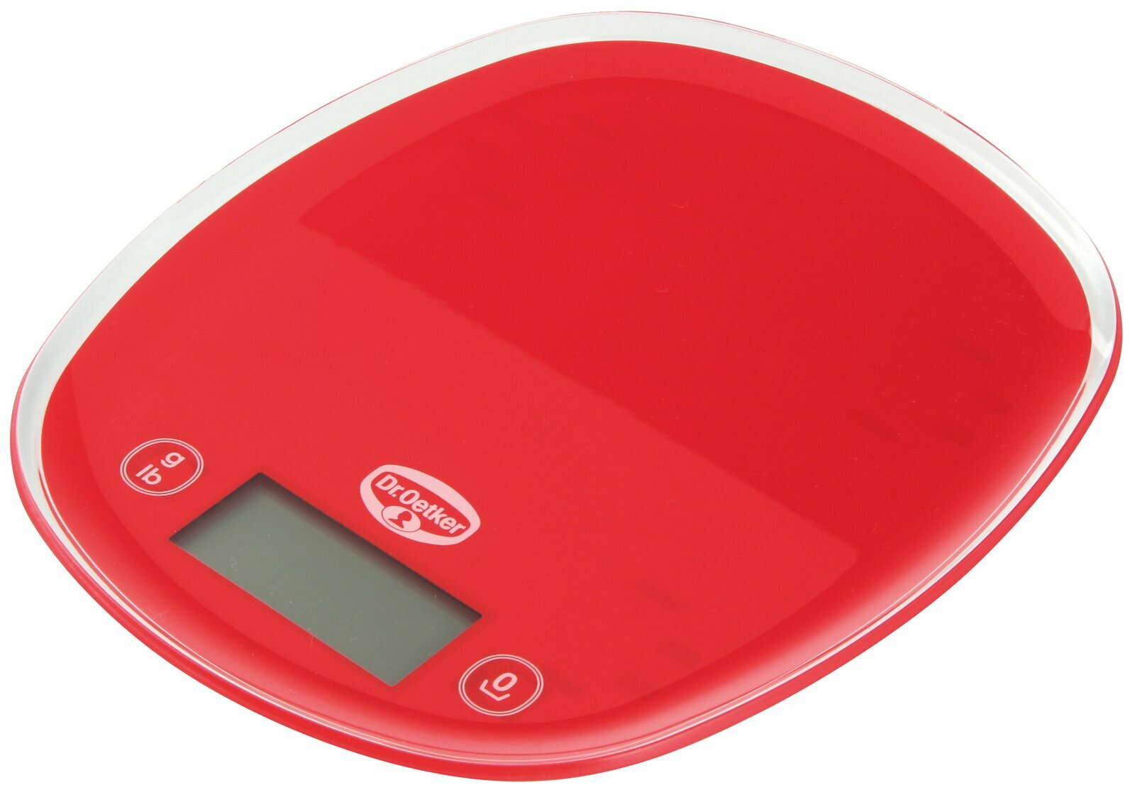 Dr. Oetker Backwaage digital Rote digitale Backwaage von oben mit Dr. Oetker Logo und Display
