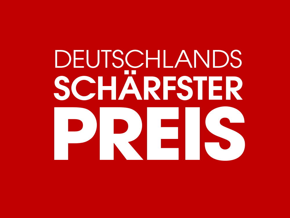 Der Text „Deutschlands schärfster Preis“ in fetter weißer Schrift auf rotem Hintergrund.
