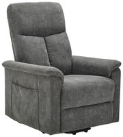 Grauer Relaxsessel aus Stoff, seitliche Perspektive