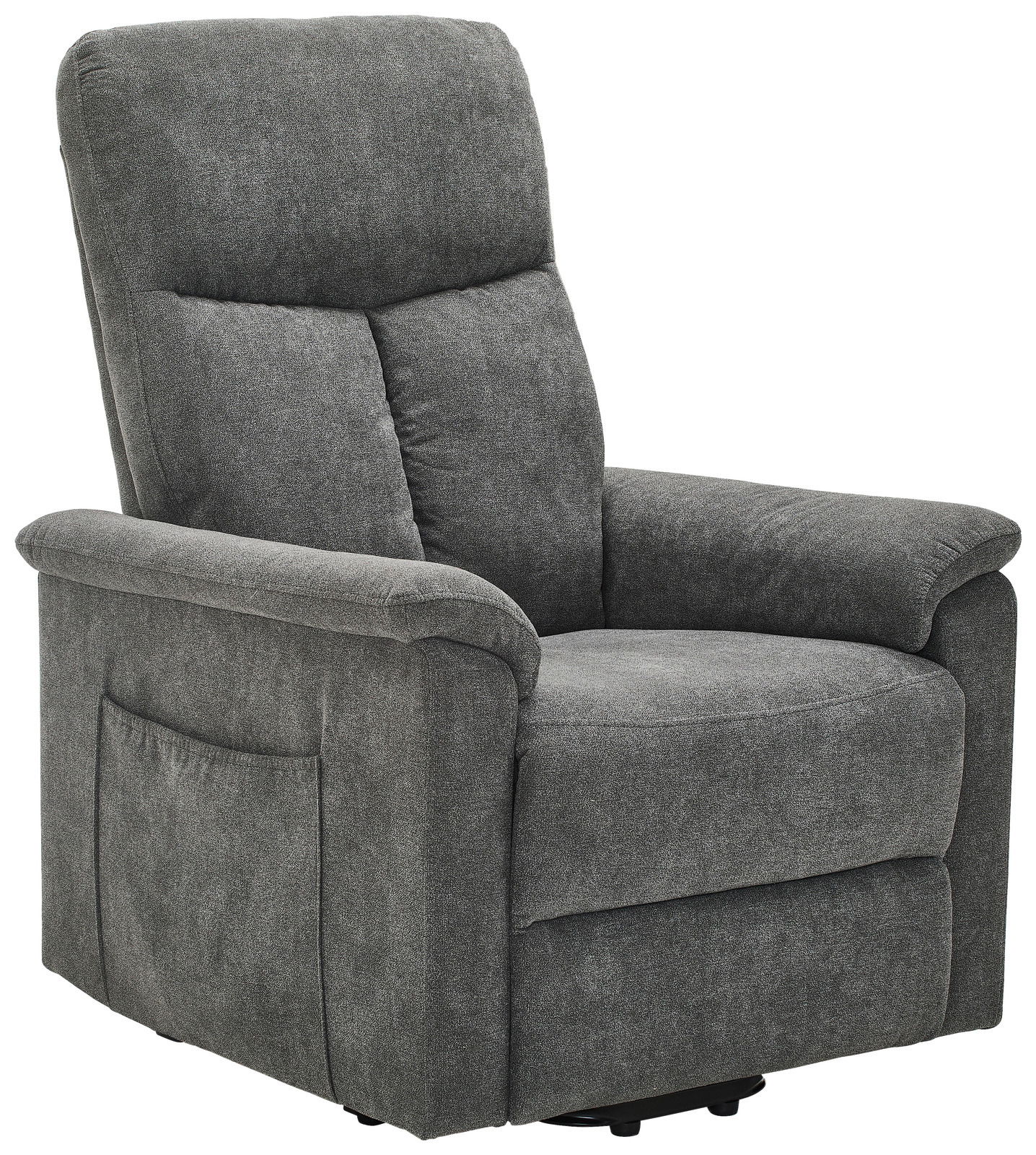 Grauer Relaxsessel aus Stoff, seitliche Perspektive