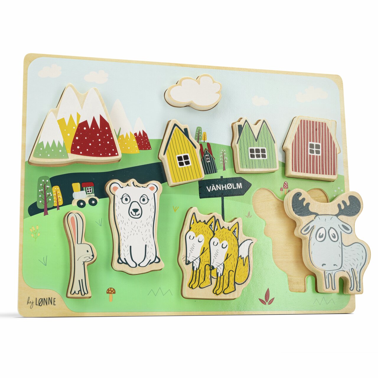 Steckpuzzle mit Tiermotiven und Landschaft, Perspektive von vorne