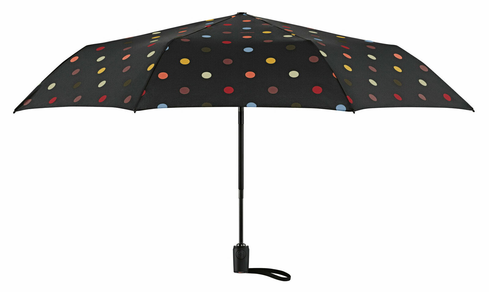 Schwarzer Regenschirm mit bunten Punkten, frontal von unten betrachtet.