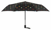 Schwarzer Regenschirm mit bunten Punkten, frontal von unten betrachtet.
