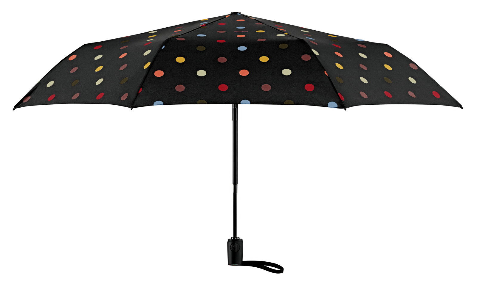 Schwarzer Regenschirm mit bunten Punkten, frontal von unten betrachtet.