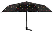 Schwarzer Regenschirm mit bunten Punkten, frontal von unten betrachtet.