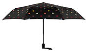 Schwarzer Regenschirm mit bunten Punkten, frontal von unten betrachtet.