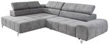 Graues Ecksofa mit Ottomane links, moderne Polsterung und verstellbaren Kopfstützen, Perspektive von vorne links.
