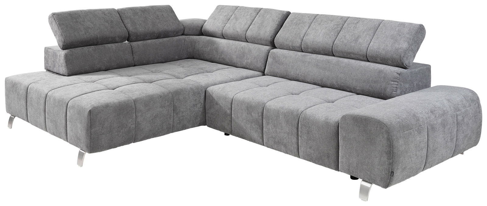 Graues Ecksofa mit Ottomane links, moderne Polsterung und verstellbaren Kopfstützen, Perspektive von vorne links.