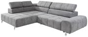 Graues Ecksofa mit Ottomane links, moderne Polsterung und verstellbaren Kopfstützen, Perspektive von vorne links.