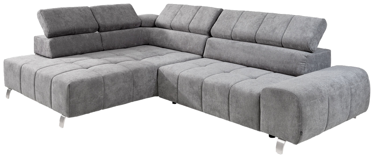 Graues Ecksofa mit Ottomane links, moderne Polsterung und verstellbaren Kopfstützen, Perspektive von vorne links.