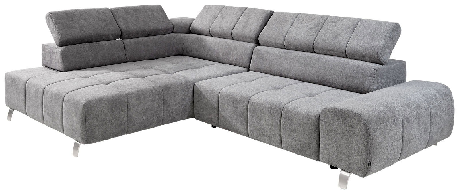 Graues Ecksofa mit Ottomane links, moderne Polsterung und verstellbaren Kopfstützen, Perspektive von vorne links.
